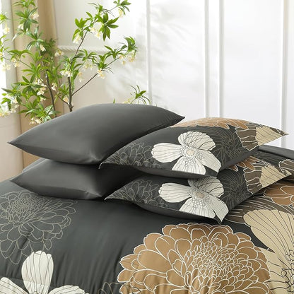 Yiran King Khaki Grey Brown Boho Comforter Set - 7 Pieces Floral Bedding Sets,Bed in a Bag Soft Microfiber Comforter with Flat Sheet Fitted Sheet Pillowshams Pillowcases