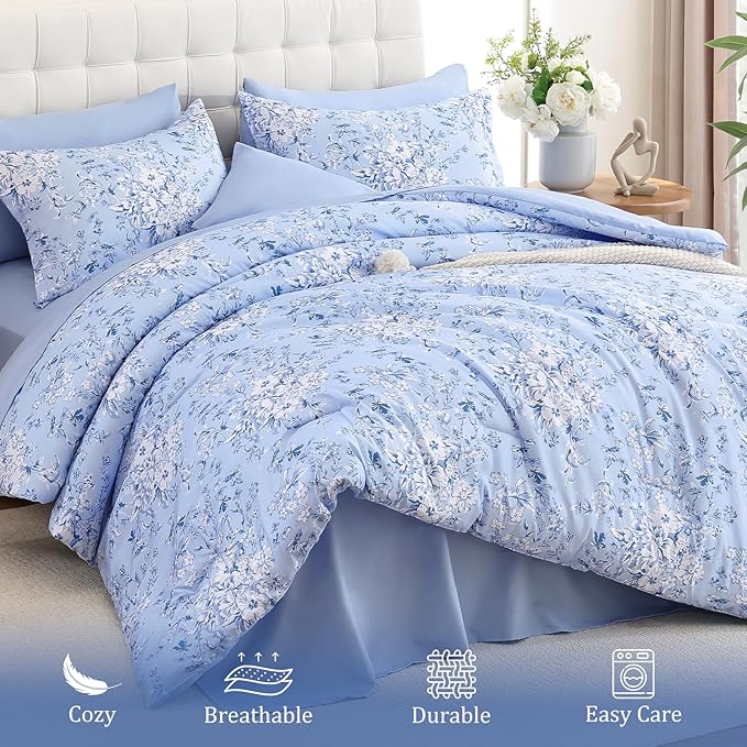 WONGS BEDDING King Size Comforter Set, 8 Pieces Blue Floral Bed in a Bag Comforter Sets, Botanical Print Soft Fluffy Microfiber Complete Bedding Sets for All Season (90"x104")