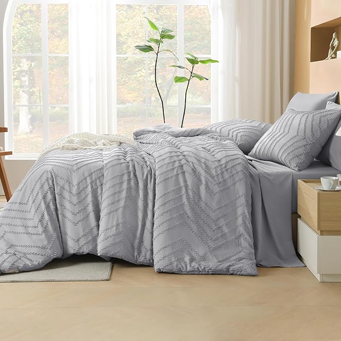 Litanika Light Grey California King Size Comforter Set with Sheets - 7 Pieces Bed in a Bag California King Boho Tufted Complete Bedding Sets with Comforter, Sheets, Pillowcases & Shams