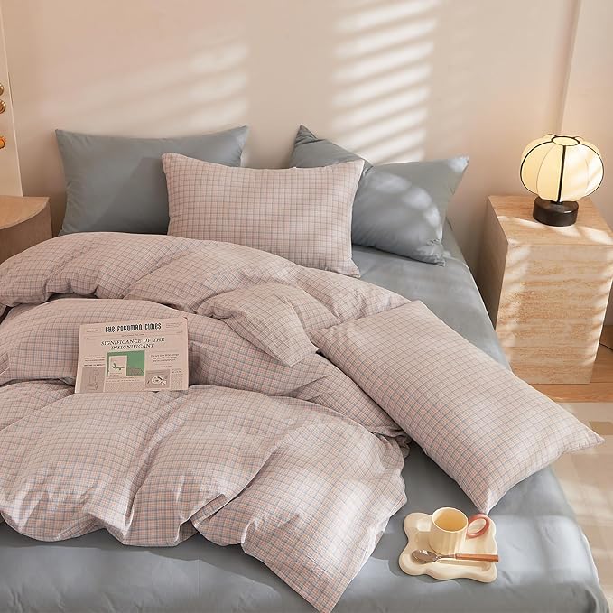 HighBuy Twin XL Comforter Set Pink Blue Checkered Plaid Bedding Comforter Gingham for Boys Girls Boho Farmhouse Gingham Grid Pattern Comforter Set Soft Lightweight Bedding Set