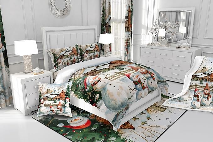 Cute Snowman Comforter Set King Size,Rustic Cabin Barn Bedding Set 3Pcs for Kids Girls Boys Teens Room Decor,Winter Christman Theme Quilt Set Vintage Countryside Duvet Insert,2 Pillowcases