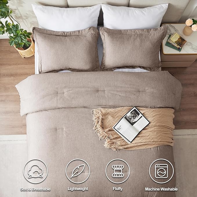 CozyLux King Size Comforter Set - 3 Pieces Khaki Soft Luxury Cationic Dyeing Bedding Comforter for All Season, Breathable Lightweight Fluffy Bed Sets with 1 Comforter and 2 Pillow Shams