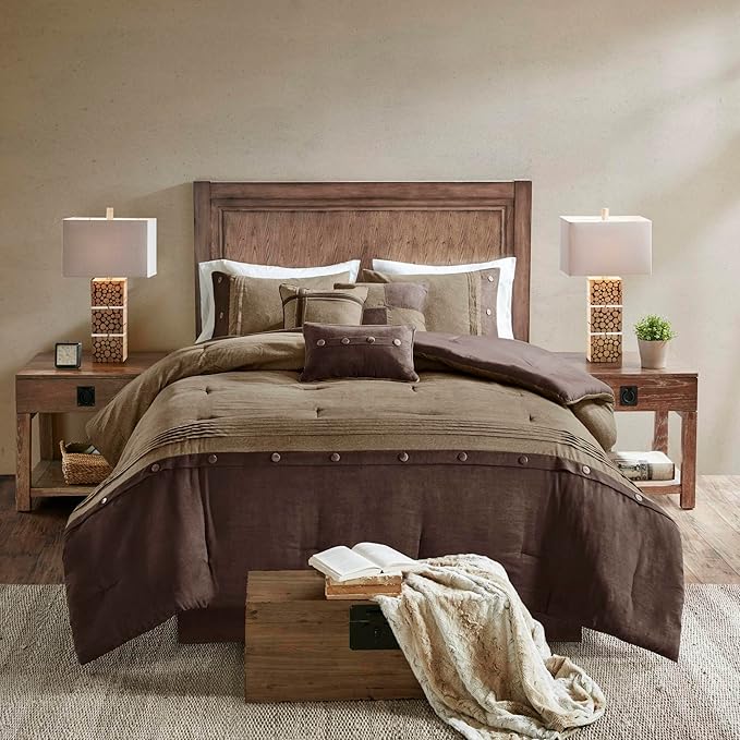 Madison Park Boone Cozy Comforter Set, Faux Suede, Deluxe Hotel Styling All Season Down Alternative Bedding Matching Shams, Decorative Pillow, King (104 in x 92 in), Rustic Brown 7 Piece