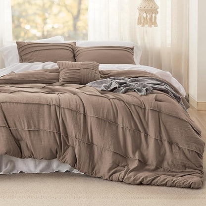 Bedsure Queen Comforter Set - 4 Pieces Pinch Pleat Bed Set, Brown Boho Bedding for All Season, 1 Soft Comforter, 2 Pillowcases, 1 Decorative Pillow