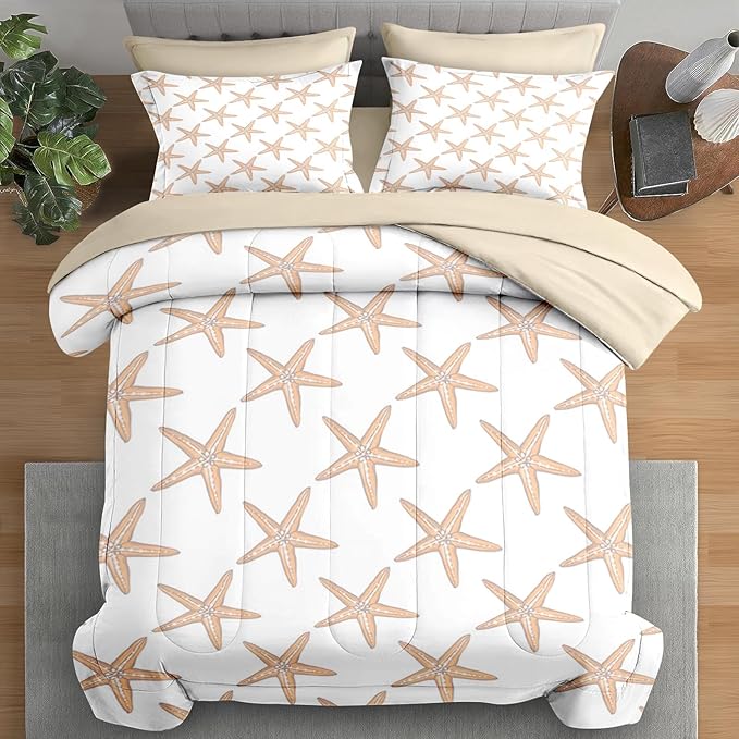 Comforter Set Twin Size, Boho Sea Shells 5 Pcs Bedding for Kids and Adults, Nautical Beach Summer Bed Sheet Sets with Fitted Sheet Pillowcase & Sham for Bedroom Bed Decor