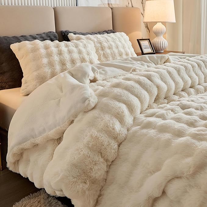 Full Faux Rabbit Fur Comforter Set - 3 Pieces Fluffy Bedding Set Ultra Soft Warm Shaggy Winter Flannel Bed Set, Luxury Skin Friendly Sherpa Comforter Set & Pillow for Thanksgiving Cream White Beige