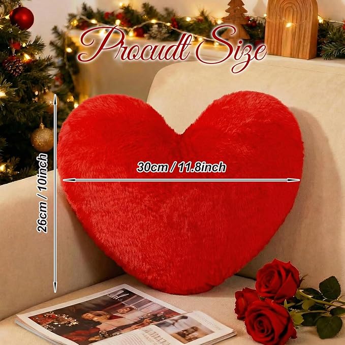 Nydotd Heart Pillows Cute Fuzzy Throw Pillow Red Love Heart Shaped Decorate Pillows for Bed Livingroom Sofa Gifts Home Decor Cushion Small 11.8" x 10"