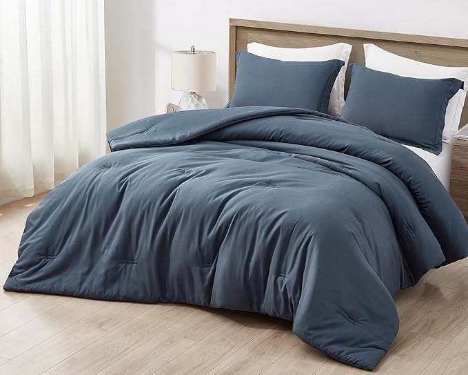 Chezmoi Collection Cliff 3-Piece Lightweight Cooling Comforter Set, Queen- Rayon Derived from Bamboo & Polyester Blended, Soft Breathable Bedding for Hot Sleepers, Steel Blue