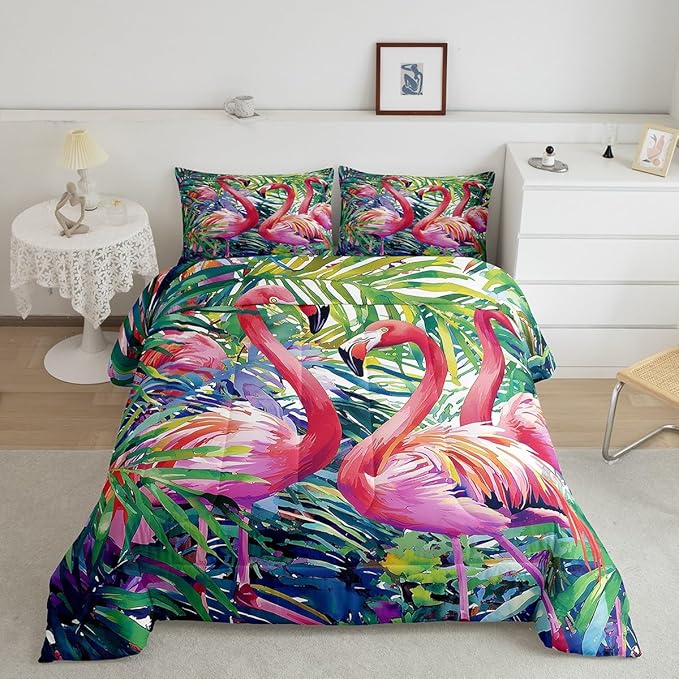 Erosebridal Flamingo Comforter Set Twin Size, Tropical Leaves Room Decor Down Comforter, Palm Tree Pattern Quilted Duvet, Colorful Comforter Set, with 1 Pillow Case,Super Soft Breathable