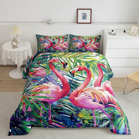 Erosebridal Flamingo Comforter Set Queen Size, Tropical Leaves Room Decor Down Comforter, Palm Tree Pattern Quilted Duvet, Colorful Comforter Set, with 2 Pillow Cases,Super Soft Breathable