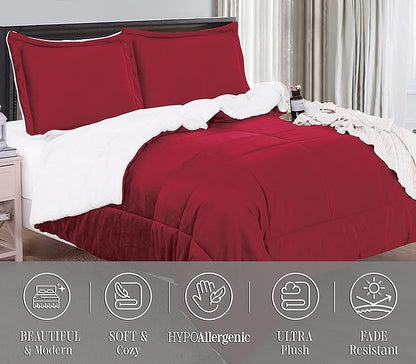 Elegant Comfort Super Soft Sherpa Comforter 3-Piece Set Premium Quality, Heavy Weight Reversible Down Alternative Micro-Suede, Sherpa Comforter, Full, Flaming Burgundy