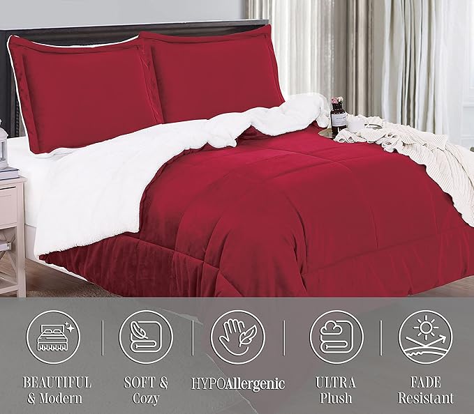 Elegant Comfort Super Soft Sherpa Comforter 3-Piece Set Premium Quality, Heavy Weight Reversible Down Alternative Micro-Suede, Sherpa Comforter, Queen, Flaming Burgundy