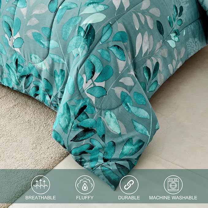 Anibedding Aqua Comforter Set King Size, 7 Pieces Botanical Leaves Reversible Soft Microfiber Bed in a Bag with Sheets Set for All Season (104"x90")