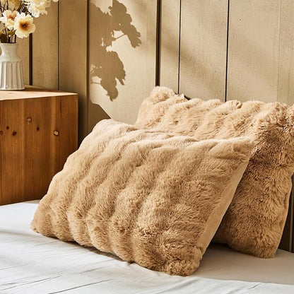 Lotus Karen Faux Fur Full Comforter Set – Brown Fluffy Comforter Full Size, Big Bubble Faux Rabbit Fur Bedding Comforter Sets, Winter Warm Cozy Fuzzy Bed Set 3 Pieces, 1 Comforter and 2 Pillowcases
