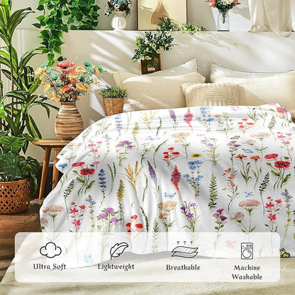 Floral Throw Blanket Birthday Gift for Women Mom Girls Colorful Flowers Blanket Summer Wildflower Flannel Blanket Watercolor Printed Throw for Couch Sofa Bed Chair 50"x60"