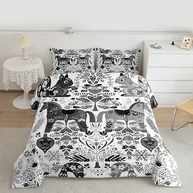 Rustic Horse Comforter Set Full Size,Boho Floral Bird Squirrel Bedding Sets 3Pcs for Kids Girls Boys Women Room Decor,Xmas Bells Snowflake Duvet Insert Swedish Dala Horses Down Comforter,2 Pillowcases
