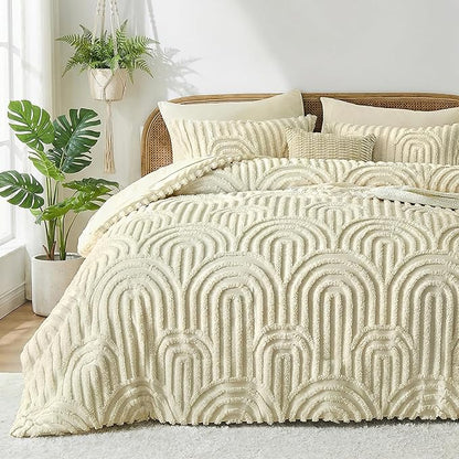 Nesker Boho Tufted King Comforter Set, 7 Pcs Beige Bedding Sets, Soft Cozy Chic Bed in a Bag, Arch Pattern Shabby Bed Set All Season with Comforter, Fitted Sheet, Flat Sheet & Pillowcases