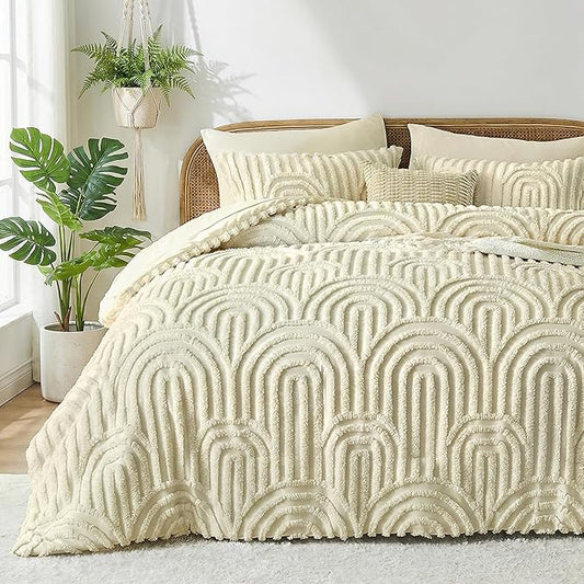 Nesker Boho Tufted King Comforter Set, 7 Pcs Beige Bedding Sets, Soft Cozy Chic Bed in a Bag, Arch Pattern Shabby Bed Set All Season with Comforter, Fitted Sheet, Flat Sheet & Pillowcases