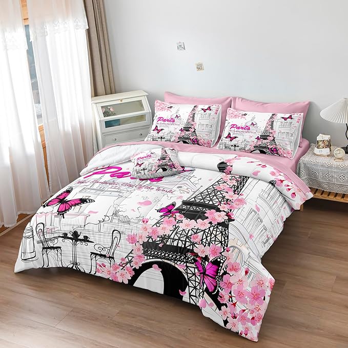Pink Paris Comforter Set Girls France Bedding Comforter Twin Size Bed in a Bag with Pink Sheet Set Cherry Blossom Butterfly Quilt Romantic French City Bed Set Twin Size