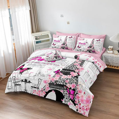 Paris Bedroom Comforter Full Pink France Bedding Comforter Full Size Bed in a Bag with Pink Sheet Set Cherry Blossom Butterfly Quilt Women Teens Girls Full Bed Set