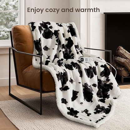 Heated Blanket Throw Electric Blanket – Fast Heating Blanket with 10 Heat Settings & 10 Hours Auto Off, Cow Print Blanket Cozy Soft Fleece Sherpa, Washable, Warm Gifts for Grandma