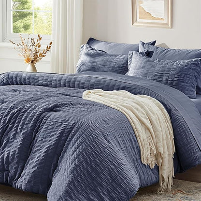 Zzlpp Full Comforter Set 7 pieces, Greyish Blue Seersucker Bedding Set with 1 Comforter, 2 Pillow Shams, 2 Pillowcases, 1 Flat Sheet, 1 Fitted Sheet