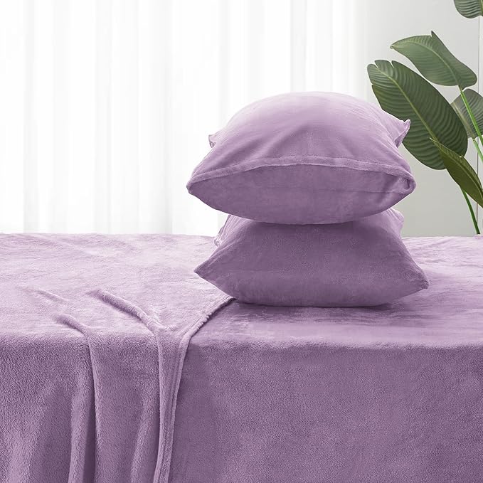 BEDELITE Flannel Sheets Twin Size Lavender - Super Soft Fleece Sheets Set Fluffy Extra Plush, 3 Piece(Include Fitted Sheet, Flat Sheet, 1 Pillowcase)