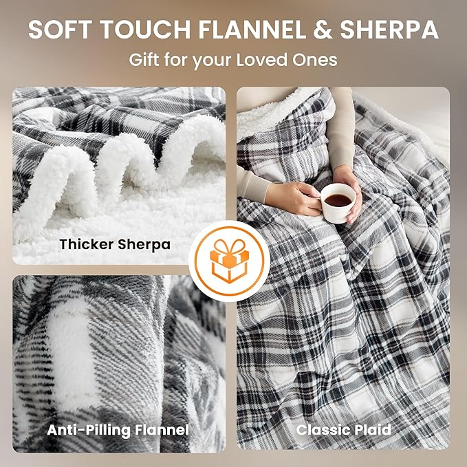 Heated Blanket Electric Throw-50''x60''Ultra Soft Cozy Plaid Flannel Fast Heating Electric Blanket with 10 Heat Levels & 10 Hrs Auto Off, ETL Certified, Keep Warm in Home Office (Grey)