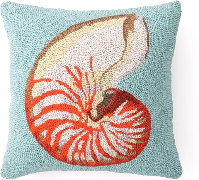 Nautilus Shell Wool Hook Coastal Pillow by The Pillow Shoppe, 16" Square