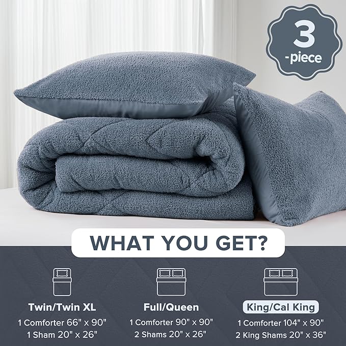 Comfort Spaces King Comforter Set Reversible Feather-Soft Plush Comforters for King Size Bed All Season Lightweight Shearling Fleece Sherpa Comforter King Size Bed Set, King/Cal King, Blue 3 Piece