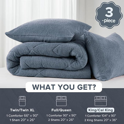 Comfort Spaces King Comforter Set Reversible Feather-Soft Plush Comforters for King Size Bed All Season Lightweight Shearling Fleece Sherpa Comforter King Size Bed Set, King/Cal King, Blue 3 Piece