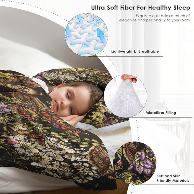 Comforter Set Full Size, Vintage Flower Plants Soft 3 Pcs Bedding for Kids and Adults, Skull Moth Witch Comforter Set with 2 Pillowcases, for Bedroom Bed Decor
