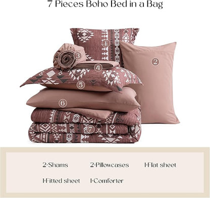 Geniospin King Size Comforter Set- 7 Pieces Boho Bed in a Bag, Western Bedding Set for All Seasons, Soft Aztec Bedding, Lightweight Comforter Bed Set with Sheets, Pillowcases & Shams