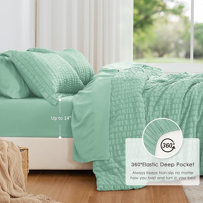 Love's cabin Seersucker Light Green Twin XL Comforter Set, 5-Piece All Season Lightweight Bed in a Bag Bedding Set with Comforter, Flat Sheet, Fitted Sheet, Pillowcase and Sham | Soft, Breathable, Lightweight