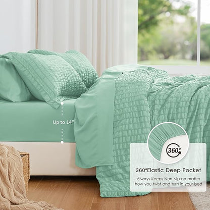 Love's cabin Seersucker Light Green Twin XL Comforter Set, 5-Piece All Season Lightweight Bed in a Bag Bedding Set with Comforter, Flat Sheet, Fitted Sheet, Pillowcase and Sham | Soft, Breathable, Lightweight