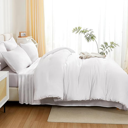 Litanika Comforter Full Size Set White - 7 Pieces Bed in a Bag Full Bedding Comforter Sets, Plain Lightweight Bed Set with Comforter, Sheets, Pillowcases & Shams