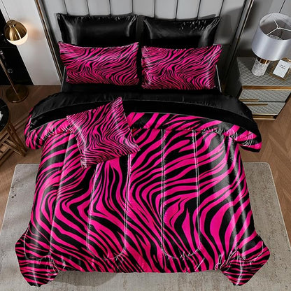 Zebra Print Bedding Set Hot Pink Satin Comforter with Sheets Zebra Stripe Animal Print Africa Wildlife Theme Silk Like Silky Bed in A Bag Black Pink Comforter Sets