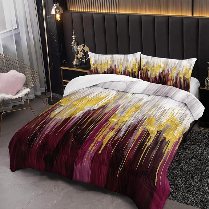 Wine Red White Gold Gradient Color Print Comforter Set Full Size,Abstract Art Bedding Set,Patchwork Printed Quilted Set for Teens Adult,with 1 Comforter and 2 Pillow Case