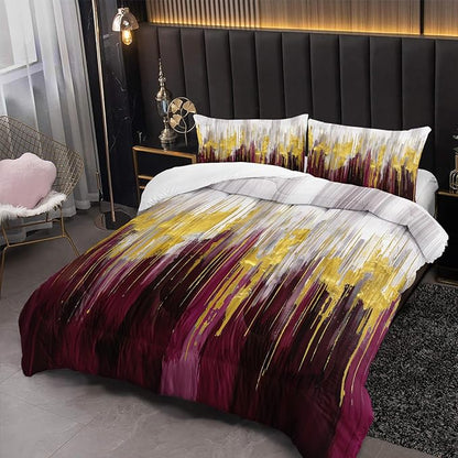 Wine Red White Gold Gradient Color Print Comforter Set Full Size,Abstract Art Bedding Set,Patchwork Printed Quilted Set for Teens Adult,with 1 Comforter and 2 Pillow Case