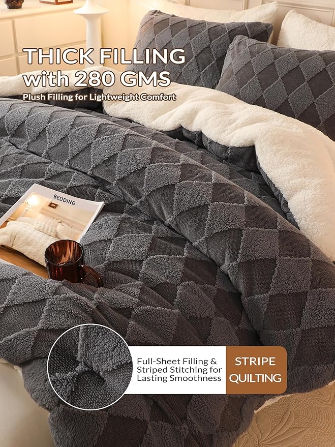 Tufted Fleece Comforter Set Twin - Super Soft Warm Fluffy Shaggy Bedding Sets, Diamond Plaid Jacquard Bed Set for Winter, 1 Sherpa Comforter with 1 Pillow Cases (68"X90" Grey)