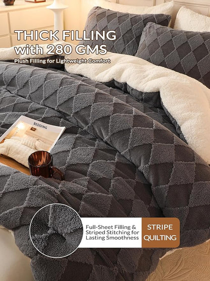 Tufted Fleece Comforter Set Twin - Super Soft Warm Fluffy Shaggy Bedding Sets, Diamond Plaid Jacquard Bed Set for Winter, 1 Sherpa Comforter with 1 Pillow Cases (68"X90" Grey)