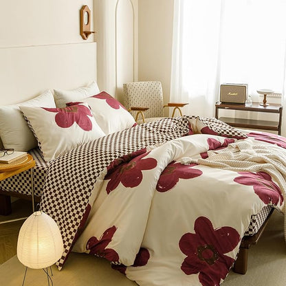 CLOTHKNOW Burgundy Floral King Size Comforter Set Sunflower Bedding Comforter Sets Soft Brown Plaid Comforter with 2 x Pillow Cases