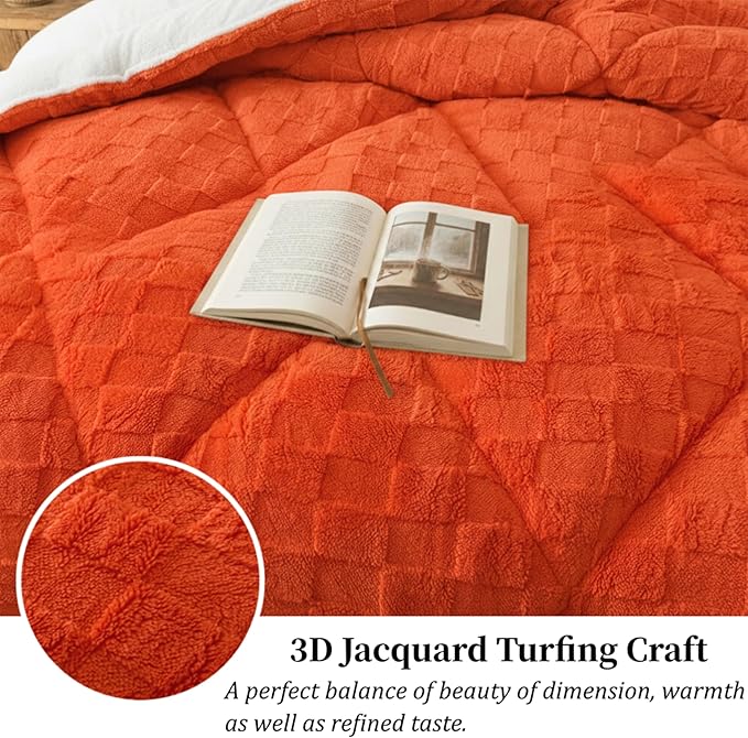 ELNIDO QUEEN® Fluffy Comforter Set Queen, Burnt Orange Winter Fleece Comforter Ultra Soft & Extra Pluffy Plush Comforter Set, Cozy Fuzzy Bed Comforter 3 Pieces (1Comforter & 2 Pillowcases),92x88 inch