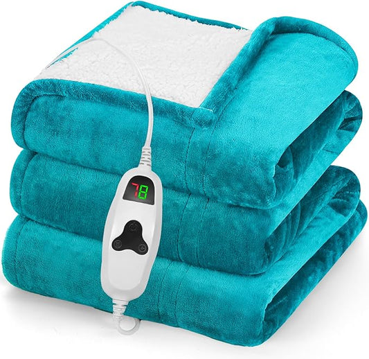 greenoak Heated Blanket Electric Throw 50"X60", Heating Blanket with 10 Heat Levels 8 Hours Auto-Off,Fleece Soft Christmas Blanket, Gifts for Grandma Seniors Mom, Lake Blue