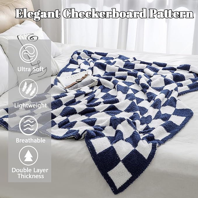 MorroMorn Checkered Blanket for Couch Bed Sofa Chair, 2-Layers Soft Cozy Fleece Plaid Blankets Checkerboard Grid - Fluffy Fuzzy Warm Lightweight Home Decor (Navy Blue, Twin 60"x80")
