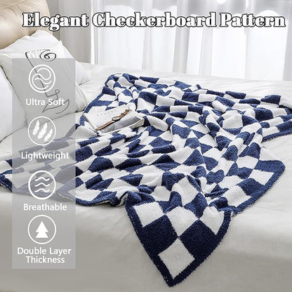 MorroMorn Checkered Blanket for Couch Bed Sofa Chair, 2-Layers Soft Cozy Fleece Plaid Blankets Checkerboard Grid - Fluffy Fuzzy Warm Lightweight Home Decor (Navy Blue, Twin 60"x80")