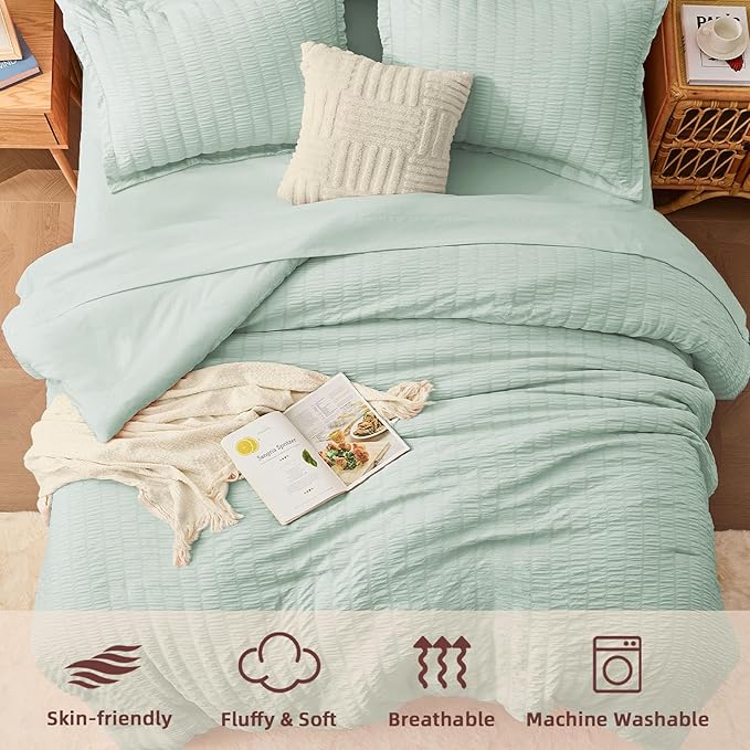 FUANNA Queen Comforter Set 7 Pieces, Luxury Seersucker Bed in a Bag Queen Size for All Seasons, Soft Bedding Set with Comforter, Flat Sheet, Fitted Sheet, Pillowcases & Shams for Bedroom, Sage Green