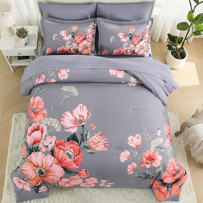 King Size Comforter Set - 7 Pieces Floral Comforter and Sheet Set, Dark Grey King Size Bed in a Bag, Soft Microfiber Flower Complete Bedding Set for All Seasons（Dark Grey,104"x90"）