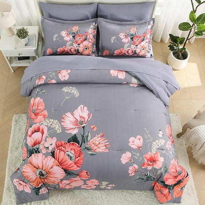 Queen Comforter Set - 7 Pieces Bed in a Bag Dark Grey Floral Queen Comforter Set with Sheets, Soft Microfiber Flower Complete Bedding Set for All Seasons（Dark Grey,90"x90"）