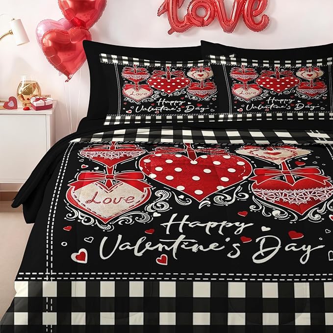 Nesker 7 Pcs Valentine's Day Comforter Set Queen Size, Polka Dots Heart Bedding Set for Kids and Adults, Sweet Love Romantic Sheets Bed Sheet Sets with Fitted Sheet 2 Pillowcases & 2 Shams